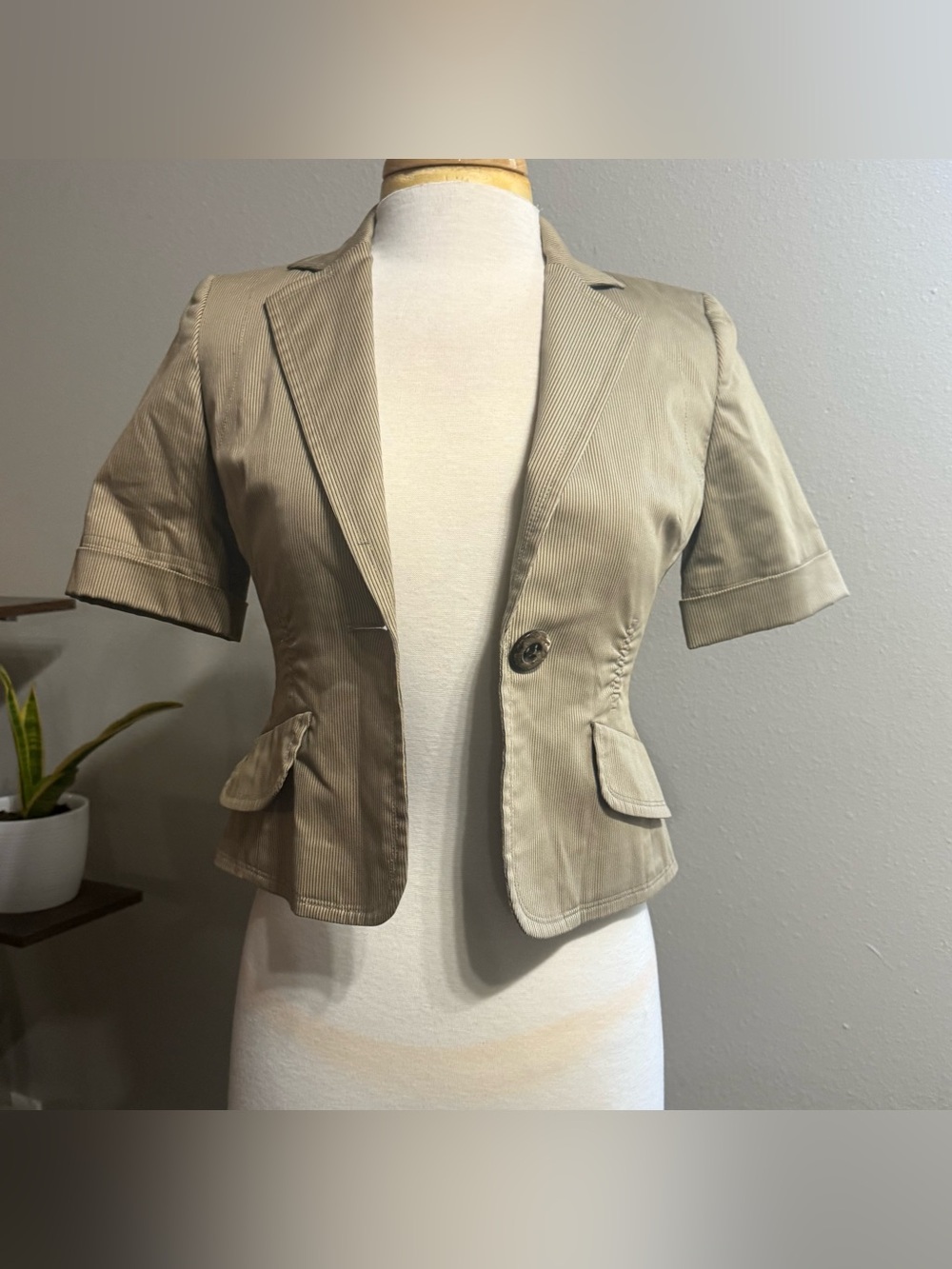 Nine West Suit Women’s 2P Tan Pinstripe Short Sleeve Blazer Jacket Petite